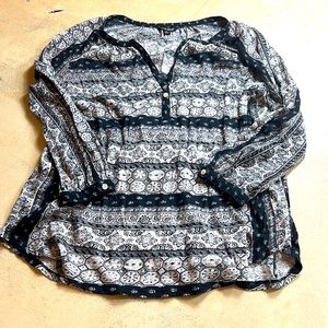 Lucky Brand, boho, black,gray, and cream blouse, size large
